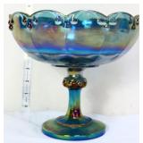 Blue carnival glass 7in open compote