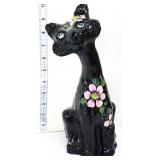 Fenton 11in black happy cat figure w/ pink flowers