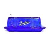 Cobalt glass butter dish, white writing