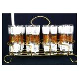 8 piece MCM drinking glass set w/ wire carrier