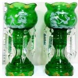 Pair green mantle lustres with glass prisms