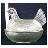 Clear glass hen on nest w/ red comb