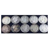 Lot of 10 barber half dollars