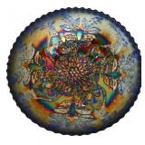 Vintage blue carnival stag & holly 8in footed bowl