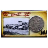 1880 Morgan dollar on Dodge CIty Info card