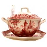 Red transfer tureen w/ underplate