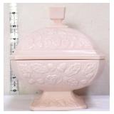 Vtg Jeanette oak pink milk glass lidded candy dish