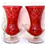 Pair red cut to clear 2 handle vases