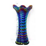 Vintage 9in red carnival ribbed swung vase