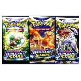 3 sealed Pokemon Brilliant Stars foil card packs