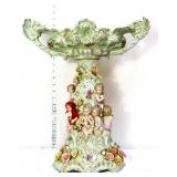 Vtg 16in wide green centerpiece vase w cherubs