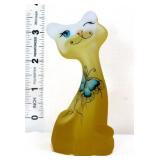 Fenton 3in yellow/white slag happy cat w butterfly