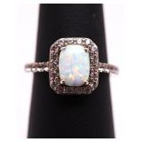 Sterling emerald cut opal ring, lab created