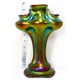 French Art Nouveau green iridescent 10in vase
