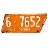 1951 state shape Tennessee license plate
