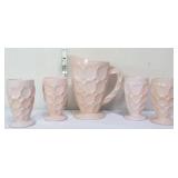 5 piece pink milk glass thumbprint beverage set