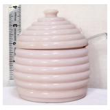 Vtg Jeanette pink milk glass honey dish w/ spoon