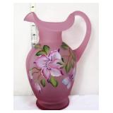 Fenton signed pink chiffon satin pitcher w flowers