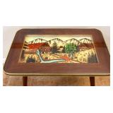 MCM glass top end table w/ Asian mountain scene