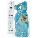 Fenton 3in blue carnival cat w/ flowers