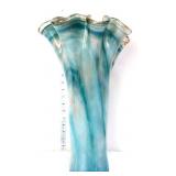 Art glass 16in blue/gold ruffled edge vase