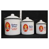Trio of enamel Sunbeam canisters