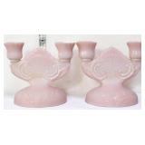 Pr Jeanette pink milk glass lombardi candleholders