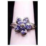 Sterling tanzanite flower ring, lab created