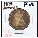 1874 arrow date seated liberty half dollar
