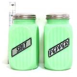 Pair square jadeite ribbed salt/pepper shakers