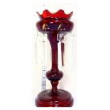 Vintage 10in red mantle lustre w/ glass prisms