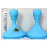 Pair Fenton blue satin orange tree candleholders