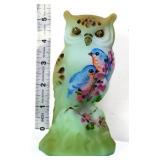 Fenton 5in green owl w/ blue birds