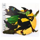 Vntg cardstock Halloween flying witch w black owl