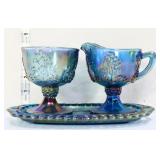 Vntg blue carnival cream/sugar set w/ underplate