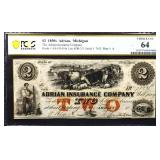 Graded 1850s Adrian Insurance Company MI $2 note