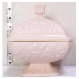Vtg Jeanette oak pink milk glass lidded candy dish