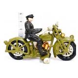 Cast iron man on olive green motorcycle