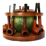 VIntage round wood pipe stand w/ tobacco jar