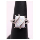 Sterling emerald cut opal ring, lab grown