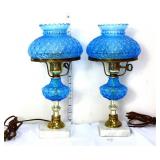 Pair blue Fenton quilted shade marble base lamps