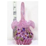 Fenton pink opalescent stripe basket w/ flowers