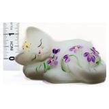 Fenton white/grey sleeping cat w/ purple flowers