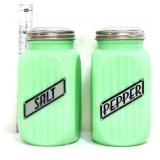 Pair square jadeite ribbed salt/pepper shakers