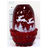 Fenton red fairy lamp w/ white flying reindeer