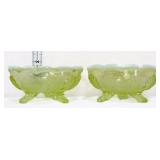Pair vaseline opalescent footed small bowls