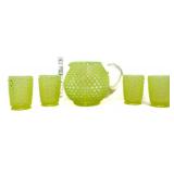 5 pc Fenton vaseline opalescent hobnail bev. set