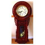 Large mahogany Regulator wall clock w key/pendulum