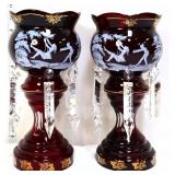 Pair red mantle lustres with glass prisms