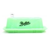 Jadeite butter dish, black writing